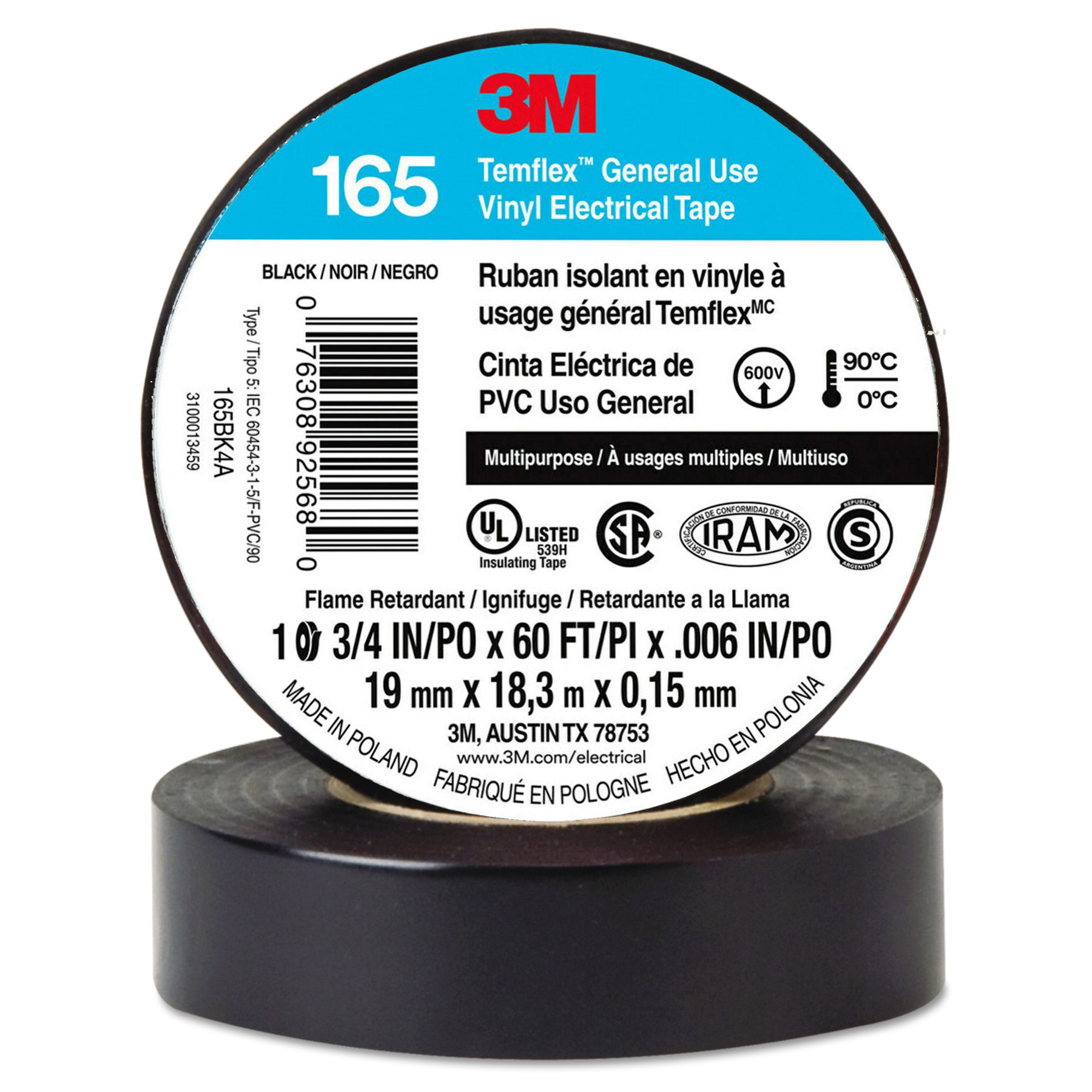 20 ROLLS. 3M TEMFLEX 165 ELECTRICAL TAPE BLACK 3/4